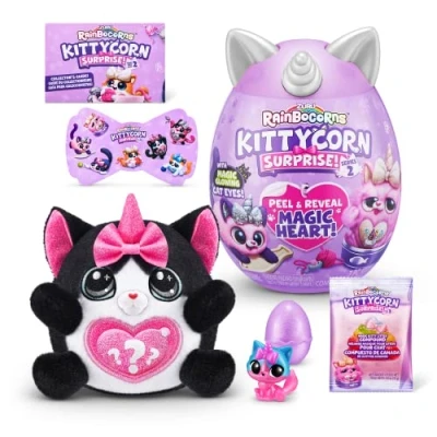 Imagen de Rainbocorns Kittycorn Surprise Series 7, Black Cat Peluche Coleccionable 10 sorpresas para desempaquetar, pelar y revelar el corazón, Pegatinas, Edades 3+ (Gato Negro)