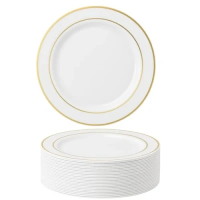 Imagen de MATANA 50 Platos de Plástico Blanco Premium con Borde Dorado, 26cm Elegantes, Resistentes y Reutilizables Bodas, Cumpleaños, Bautizos, Navidad, Barbacoas, Fiestas