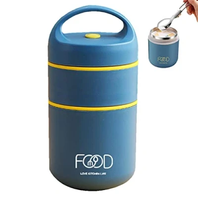 Imagen de Termo para comida caliente apilable, recipiente de almuerzo al vacío 2 niveles doble pared niños y adultos, reutilizable, a prueba fugas, almacenamiento el