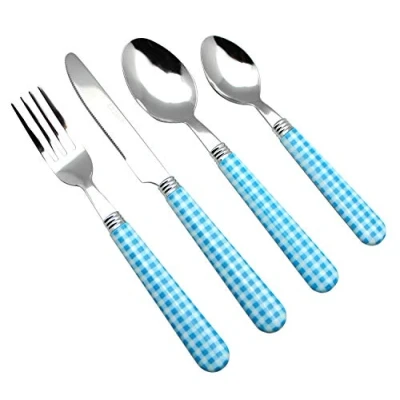Imagen de EXZACT Cuberterías 24 Piezas Patrón a Cuadros/Gingham Cubiertos Acero Inoxidable con manecillas de Color 6 x Tenedores, Cuchillos, Cucharas, Cucharaditas (Azul 24)
