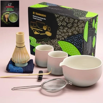 Imagen de TEANAGOO Matcha Set Whisk Tazón con pico vertedor Cuchara Holder Kit para hacer té. 1 Juego de Té (7pcs) + 2 Tazas(7.2oz),S11,Rosa degradado