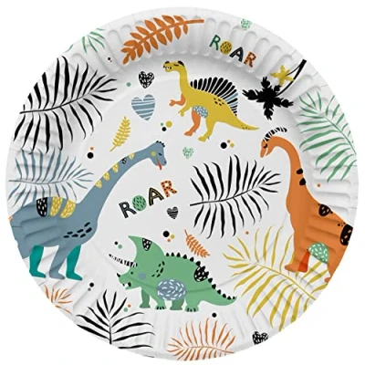 Imagen de Folat 61930 Vajilla Ø 23cm 8 piezas Dino Roars Platos de papel para Cumpleanos, Fiesta infantil, Despedida Soltera, Compromiso, Boda, Aniversario, multicolor