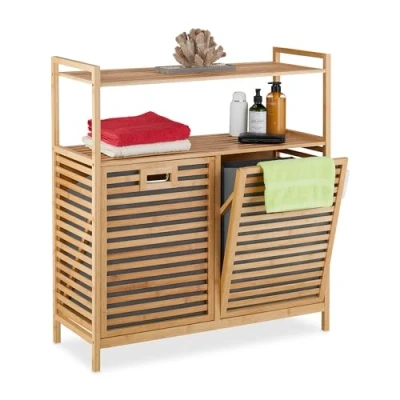 Imagen de Relaxdays Cesto para Ropa Sucia con 2 Baldas, Cubos Colada Basculantes, 40 L c/u, Bambú, Tela, 95x88x33 cm, Natural