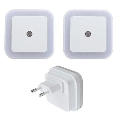 Imagen de 2 x luz nocturna LED, Enchufe de pared con sensor inteligente encendido/apagado automático para dormitorio, pasillo, escaleras (2 piezas blanco frío)