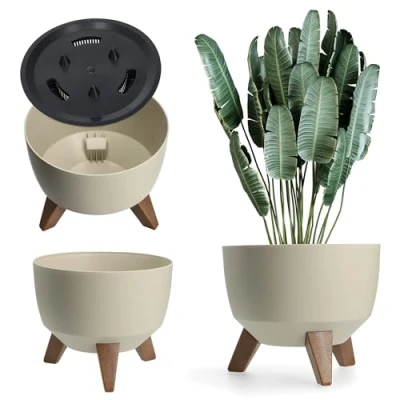 Imagen de KADAX Maceta Decorativa de Plástico con Soporte Integrado, Macetero Tres Patas Imitación Madera para Interior y Exterior (Beige, 33 cm)