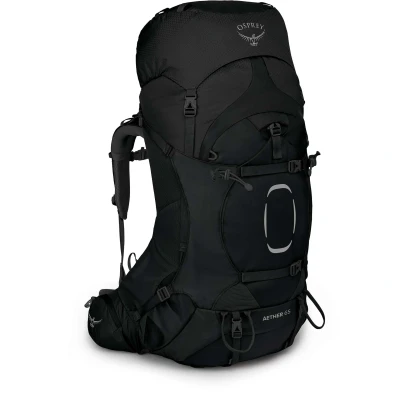 Imagen de Osprey Aether Mochilas de senderismo para hombres Correas hombro y cinturón Fit on the Fly personalizables &amp; Torso ajustable Cubierta lluvia incluida, Black, L/XL, 65 L