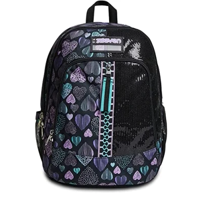 Imagen de Seven Mochila, ADVANCED PATCHYHEART GIRL, para adolescentes y niñas, Gran capacidad, la escuela, el deporte tiempo libre, diseño italiano, negro