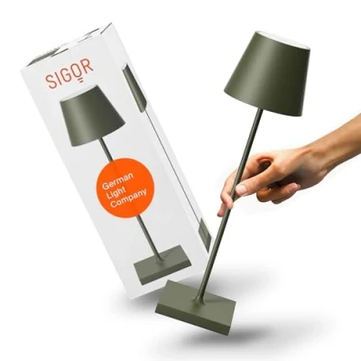Imagen de SIGOR Nuindie Lámpara de mesa LED regulable para interior y exterior, IP54, resistente a salpicaduras, altura 38 cm, recargable con USB C, 12 h duración, color beige duna, 4545301