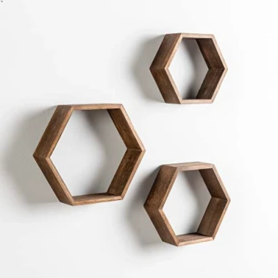 Imagen de HOMN LIVING Set de 3 estantes Pared Nuno hexagonales, Madera Paulownia