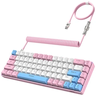 Imagen de YINDIAO T8 60% Teclado para Juegos,68 Teclas,US Layout,Teclado Mecánico con Cable Compacto,18 Croma RGB Retroiluminado,Interruptor Azul,Cable de en Espiral USB C,para PC,Mac,PS4 Rosa