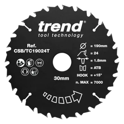 Imagen de Trend Hoja de sierra circular inalámbrica madera, 190 mm diámetro, 30 24 dientes, TCT, corte 1,8 mm, gancho +15, CSB/TC19024T