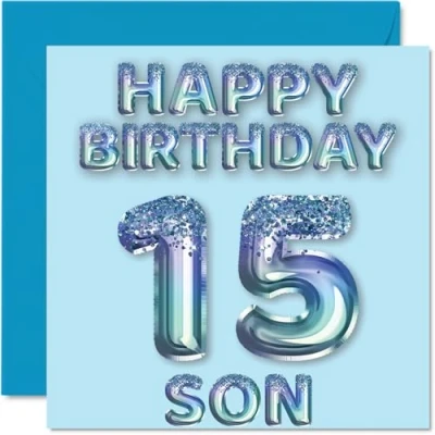 Imagen de Tarjeta de cumpleaños número 15 para hijo, globos fiesta con purpurina azul, tarjetas feliz hijo años mamá, papá, padres, felicitación 145