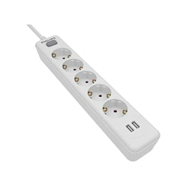 Imagen de Philips SPN3052WA/10 Regleta de 5 Enchufes Schuko, Enchufe Múltiple, 2 puertos USB, Ladrón Alargador, Protección Infantil Sobretensión, Interruptor Encendido/Apagado, Cable 1,5 Metros Color Blanco