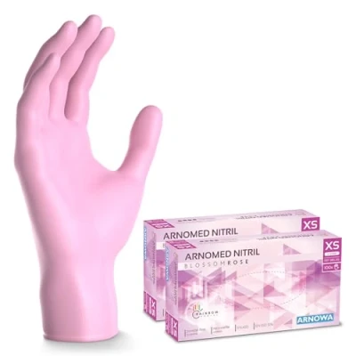 Imagen de ARNOMED guantes nitrilo talla XS, rosa, de nitrilo, 200 unidades (2 cajas), desechables sin polvo, goma látex, en tallas S, M y L