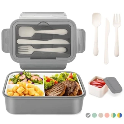 Imagen de LUZOON Lunch Box, Bento Box Fiambrera Infantil y Adultos con 3 Compartimentos Cubiertos 1400Ml Caja de Almuerzo Plástico Alimentos sin BPA, Para microondas (Gris +Caja salsas)