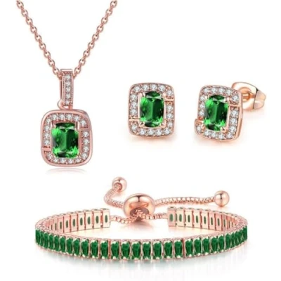 Imagen de FDEETY Conjunto Joyas Mujer para Novia Diamantes de Imitación Incluye Collar Pulsera Pendientes Juego Boda Honor Baile Graduación Bisutería (Verde)