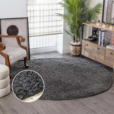 Imagen de Surya Home Shaggy Rug Alfombra Salon Grande Habitacion, Dormitorio Pelo Largo Berber Abstracta, Grueso y Esponjoso de 160cm Redonda, Gris Oscuro