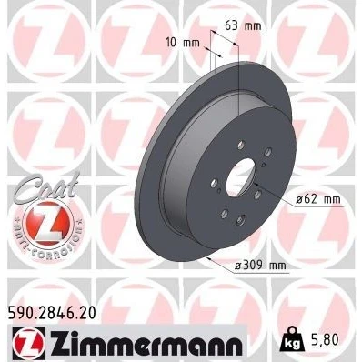 Imagen de ZIMMERMANN 590.2846.20 Disco de freno 309 10 8/5 5 114 macizo revestido LEXUS: RX III
