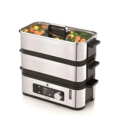 Imagen de WMF Kitchenminis Vaporera, 900 W de hasta 4.3 l y depósito Agua 1.1 l, dos Zonas cocción función mantenimiento la calor, acabados acero Inoxidable cromargan
