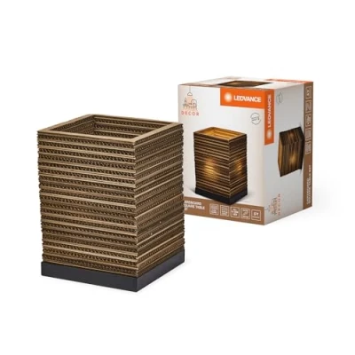 Imagen de LEDVANCE Tischleuchte Decor Cardboard Square braun aus Wellpappe, leicht, E27, 200 mm Durchmesser, Leuchtenschirm recyceltem Material, nachhaltig durch austauschbare Lichtquelle, einfache Montage