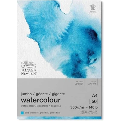 Imagen de Winsor &amp; Newton Papel de Acuarela Clásico, Grano Fino, 300gr, Mezcla 25% Algodón y Fibras Celulosa, Blanco Natural, Libre Ácidos, DIN A4, Bloc Encolado Por 1 Cara, Jumbo 50 Hojas
