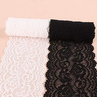 Imagen de Yulakes cinta elástica de encaje 4,5 m en blanco y negro, decorativa con flores para manualidades, lencería, vestido boda, decoración, 10 cm ancho, negro