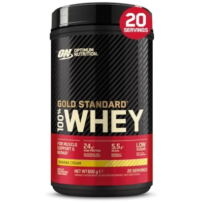 Imagen de Optimum Nutrition Gold Standard 100% Whey, Proteína en Polvo para Recuperacíon y Desarrollo Muscular con Glutamina Natural Aminoácidos BCAA, Sabor Crema de Banana, 20 Dosis, 600g