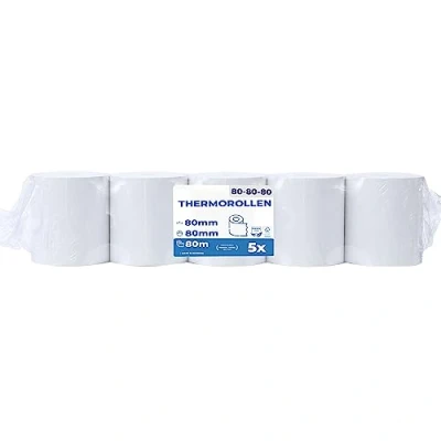 Imagen de papel termico 80x80 Rollo para impresora termica Rollos de tickets 80mm 80x80x12 caja registradora negocio y bar (5 ud.)