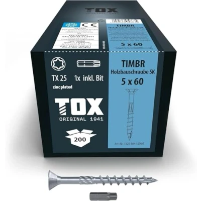 Imagen de TOX tornillos para construcción de madera TIMBR SK 5,0 x 70 mm, azul galvanizado con cabeza avellanada, TX25, 200 piezas en una caja, incl. 1x broca, 112040415070