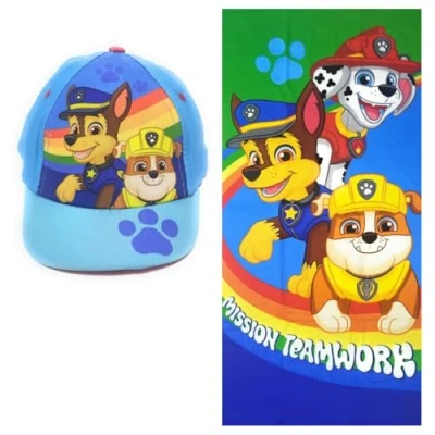 Imagen de Toalla Patrulla Canina para Playa o Piscina + Gorra Niños Pack de y Chase, Marshall Rubble (Azúl, 140 X 70 cm)
