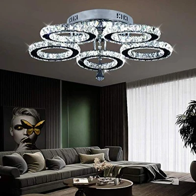 Imagen de Lámpara LED para techo, moderna araña de cristal y acero inoxidable, dormitorio, salón, comedor