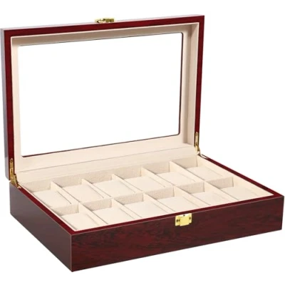 Imagen de Uten Caja Relojes con 12 Compartimentos, de madera para Reloj Ventana Transparente Almohada Extraíble, Cierre Metal, Marrón Rojo