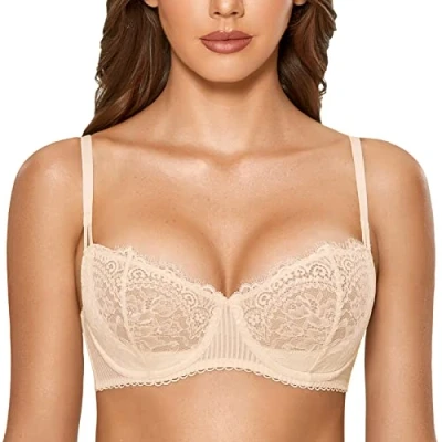 Imagen de DOBREVA Sujetador de Encaje Balcony X Back con Aros sin Relleno para Mujer Beige 100B
