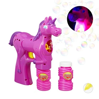 Imagen de Relaxdays Pistola Pompas Unicornio con LED y 2 Botes de Jabón, Plástico, Rosa, 25 x 6 17 cm, Color (10024934_52) , color/modelo surtido