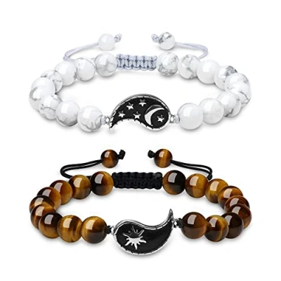 Imagen de COAI Pulseras para Perejas de Novios Enamorados con Cuentas Howlita y Ojo Tigre Piedra Natural Amuleto Yin Yang Sol Luna en Acero Inoxidable