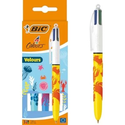 Imagen de Bic, Bolígrafos Velour, Caja de 3 Bic 4 Colores edición especial, con terciopelo punta 1.0 mm, para decorar, surtidos