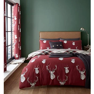 Imagen de Catherine Lansfield Munro Juego de Funda edredón Reversible con Fundas Almohada, diseño a Cuadros Ciervo, Color Rojo