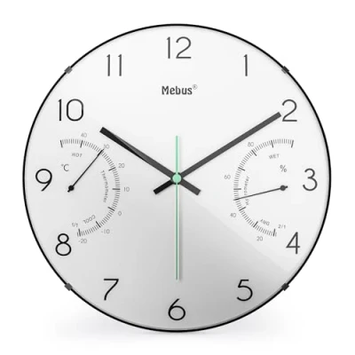 Imagen de Mebus Quarz Wanduhr mit Thermometer und Hygrometer Reloj de Pared Cuarzo con termómetro e higrómetro, Blanco, 30 cm