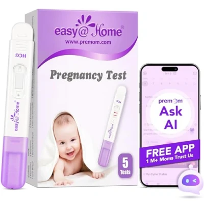 Imagen de Easy@Home Test de Embarazo Ultrasensible: Prueba Temprana Alta Sensibilidad 10 mIU/mL Predictor Rápido Gravidez para la hCG Disponible con App Premom (5 Unidad)
