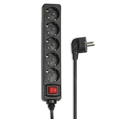 Imagen de Hama regleta de 5 enchufes (enchufe múltiple 1,4 m, incluye interruptor, protección táctil elevada, ranuras giradas 45 grados, enchufe con certificación GS), color negro