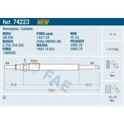 Imagen de FAE 74223 Bujía de precalentamiento 11V M 8x1 CITROËN: Berlingo / First I, I Furgón, Xsara Picasso