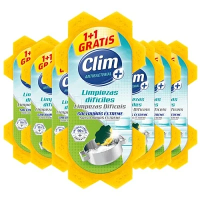 Imagen de Clim Antibacterial 16 Estropajos Salvauñas Especial para Limpiezas Difíciles con Estropajo de Fibra Verde. Caja