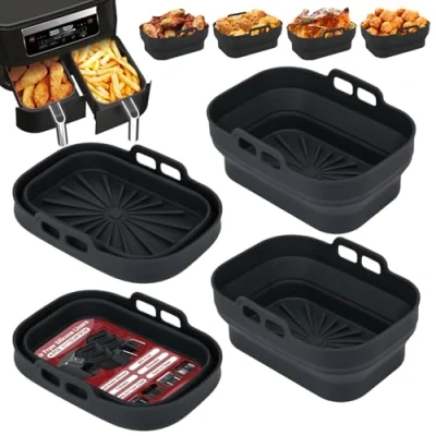 Imagen de Alyvisun Molde Silicona Freidora de Aire, 4 Piezas Moldes Air Fryer Reutilizable Utensilios Bandeja Aire Cesta Recipiente Airfryer Formas Cestillo Base para Microondas, Horno (Negro)