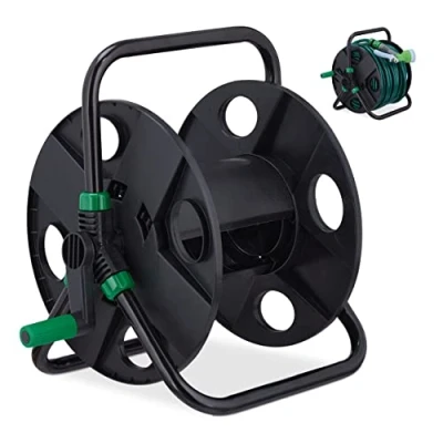 Imagen de Relaxdays Carrete 30 m, Tubo de Acero, plástico, Soporte Manguera pie, HBT 38 x 42 31 cm, Negro/Verde Portamangueras, 1/2&quot;, Enrollamangueras