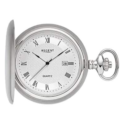 Imagen de Regent Reloj de bolsillo para hombre Savonnette con tapa abatible acero inoxidable 48 mm diámetro, fecha cuarzo en diferentes variaciones, P 749 Plata / números romanos