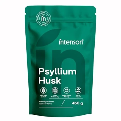 Imagen de Intenson Cáscara de Psyllium, 450 g, Alto Contenido en Fibra, 100% Natural, Vegano y Apto para Dieta Keto, Sin Gluten, Aditivos, OGM