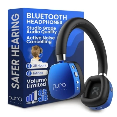 Imagen de Puro Sound Labs PuroQuiet Plus Volume Limited Auriculares Bluetooth supraaurales con cancelación activa de ruido para niños, micrófono integrado, sonido más seguro, calidad grado estudio