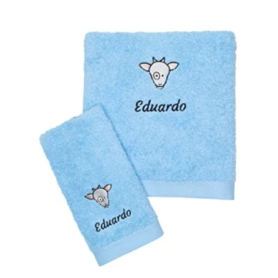 Imagen de CARREDANA Toallas Bordadas Personalizadas con Animales (Personaliza Nombre,Tipo de Letra, Animal y Color).Toallas para guarderia Regalo Personalizado (Toalla Azul Cielo)