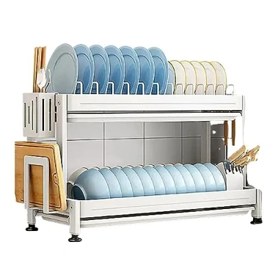 Imagen de Escurreplatos Grande 2 Pisos,Escurridor de Platos para Fregadero con Bandejas Goteo,Soporte Cubiertos,Apto Familia 4 6 Personas/Negro 52x26x32CM