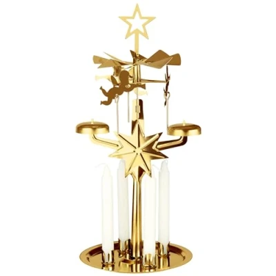 Imagen de BRUBAKER carrusel Candelabro con forma de ángeles, incluye 4 velas, pirámide mesa giratoria, para Navidad, color dorado